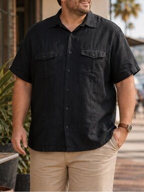Linen Cotton Button Up Camp Shirt Relaxed Black 2XL Cafe Luna Casual Utility